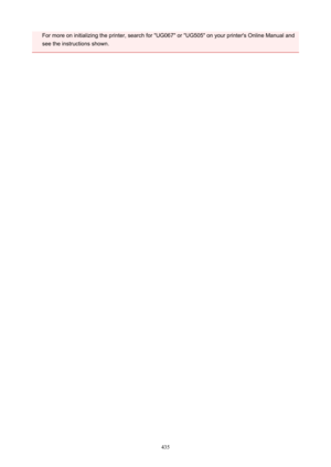 Page 435For more on initializing the printer, search for "UG067" or "UG505" on your printer's Online Manual andsee the instructions shown.
435 