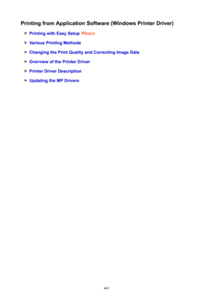 Page 442PrintingfromApplicationSoftware(WindowsPrinterDriver)
PrintingwithEasySetupBasic
VariousPrintingMethods
ChangingthePrintQualityandCorrectingImageData
OverviewofthePrinterDriver
PrinterDriverDescription
UpdatingtheMPDrivers
442 