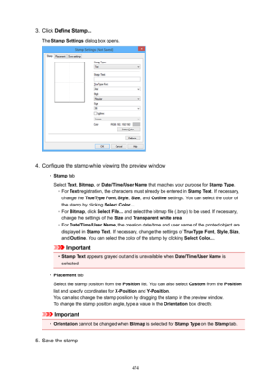 Page 4743.Click DefineStamp...
The  StampSettings  dialog box opens.4.
Configure the stamp while viewing the preview window
