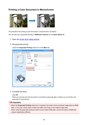 Page 491PrintingaColorDocumentinMonochrome
The procedure for printing a color document in monochrome is as follows:
You can also set a grayscale printing in  AdditionalFeatures on the QuickSetup  tab.
1.
Open the printer driver setup window
2.
Set grayscale printing
Check the  GrayscalePrinting  check box on the Main tab.
3.
Complete the setup
Click  OK.
When you execute print, the document is converted to grayscale data. It allows you to print the color
document in monochrome.
Important
