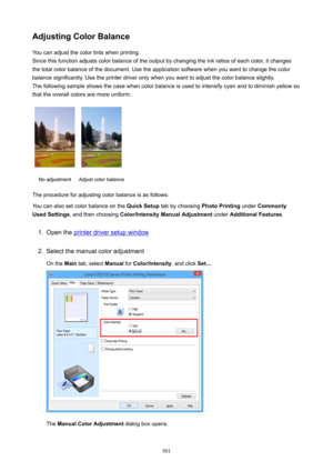 Page 501AdjustingColorBalanceYou can adjust the color tints when printing.
Since this function adjusts color balance of the output by changing the ink ratios of each color, it changes the total color balance of the document. Use the application software when you want to change the color
balance significantly. Use the printer driver only when you want to adjust the color balance slightly.
The following sample shows the case when color balance is used to intensify cyan and to diminish yellow so that the overall...