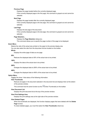 Page 563PreviousPageDisplays the page located before the currently displayed page.
If the currently displayed page is the first page, this command is grayed out and cannot be selected.
NextPage Displays the page located after the currently displayed page.If the currently displayed page is the last page, this command is grayed out and cannot be
selected.
LastPage Displays the last page of the document.
If the currently displayed page is the last page, this command is grayed out and cannot be
selected....