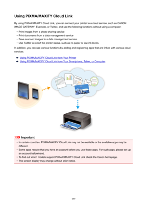 Page 577UsingPIXMA/MAXIFYCloudLinkBy using PIXMA/MAXIFY Cloud Link, you can connect your printer to a cloud service, such as CANON
iMAGE GATEWAY, Evernote, or Twitter, and use the following functions without using a computer: