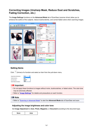 Page 767CorrectingImages(UnsharpMask,ReduceDustandScratches,FadingCorrection,etc.)
The  ImageSettings  functions on the  AdvancedMode  tab of ScanGear (scanner driver) allow you to
enhance the outline of the subjects, reduce dust/scratches, and correct faded colors when scanning images.
SettingItems
Click 
 (Arrow) of a function and select an item from the pull-down menu.
Important

