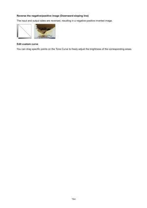 Page 784Reversethenegative/positiveimage(Downward-slopingline)
The input and output sides are reversed, resulting in a negative-positive inverted image.
Editcustomcurve
You can drag specific points on the Tone Curve to freely adjust the brightness of the corresponding areas.
784 