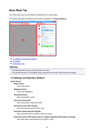 Page 787BasicModeTabThis mode allows you to scan easily by following the on-screen steps.
This section describes the settings and functions available on the  BasicMode tab.
(1) Settings and Operation Buttons
(2) Toolbar
(3) Preview Area
Note
