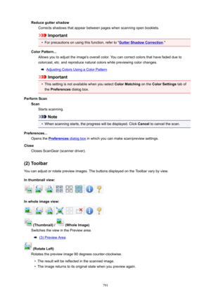 Page 791ReduceguttershadowCorrects shadows that appear between pages when scanning open booklets.
Important

