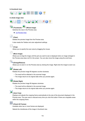 Page 798Inthumbnailview:
Inwholeimageview:
(Thumbnail)/(WholeImage)
Switches the view in the Preview area.
(3) Preview Area
(Clear)
Deletes the preview image from the Preview area.
It also resets the Toolbar and color adjustment settings.
(Crop)
Allows you to specify the scan area by dragging the mouse.
(MoveImage)
Allows you to drag the image until the part you want to see is displayed when an image enlarged in
the Preview area does not fit in the screen. You can also move the image using the...