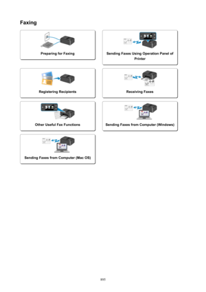 Page 895Faxing
PreparingforFaxing
 
SendingFaxesUsingOperationPanelofPrinterRegisteringRecipients
 
ReceivingFaxesOtherUsefulFaxFunctions
 
SendingFaxesfromComputer(Windows)SendingFaxesfromComputer(MacOS)
895 