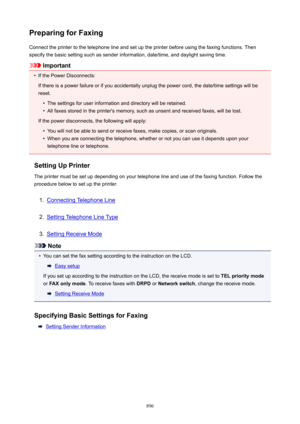 Page 896PreparingforFaxingConnect the printer to the telephone line and set up the printer before using the faxing functions. Then
specify the basic setting such as sender information, date/time, and daylight saving time.
Important
