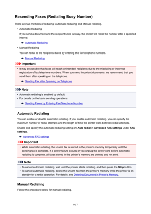 Page 917ResendingFaxes(RedialingBusyNumber)There are two methods of redialing: Automatic redialing and Manual redialing.