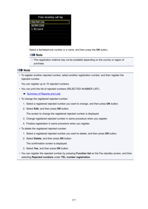 Page 977Select a fax/telephone number or a name, and then press the OK button.
Note
