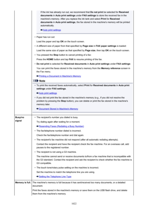 Page 1022If the ink has already run out, we recommend that Do not print be selected for  Received
documents  in Auto print settings  under FAX settings  to store the received fax in the
machine's memory. After you replace the ink tank and select  Print for Received
documents  in Auto print settings , the fax stored in the machine's memory will be printed
automatically.
Auto print settings
•
Paper has run out:
Load the paper and tap  OK on the touch screen.
•
A different size of paper from that specified...