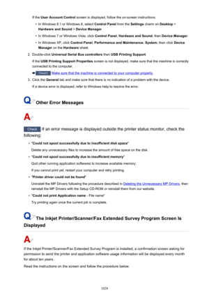 Page 1028If the User Account Control  screen is displayed, follow the on-screen instructions.•
In Windows 8.1 or Windows 8, select  Control Panel from the Settings charm on  Desktop >
Hardware and Sound  > Device Manager .
•
In Windows 7 or Windows Vista, click  Control Panel, Hardware and Sound , then Device Manager .
•
In Windows XP, click  Control Panel, Performance and Maintenance , System , then click  Device
Manager  on the Hardware  sheet.
2.
Double-click  Universal Serial Bus controllers  then USB...