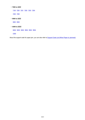 Page 1033•7000 to 2ZZZ71007200720172027203720472057300    •
9000 to 2ZZZ
90009500    •
A000 to ZZZZ
B202B203B204B502B503B504C000     
About the support code for paper jam, you can also refer to Support Code List (When Paper Is Jammed).
1033 