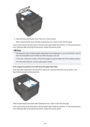Page 10495.
Close the document feeder cover, then turn on the machine.When rescanning the document after clearing the error, rescan it from the first page.
If you cannot remove the document or the document tears inside the machine, or if the document jam error continues after removing the document, contact the service center.
Note
•
The document may not feed properly depending on the media type, or your environment, such aswhen the temperature and humidity are either too high or too low.
In this case, reduce the...