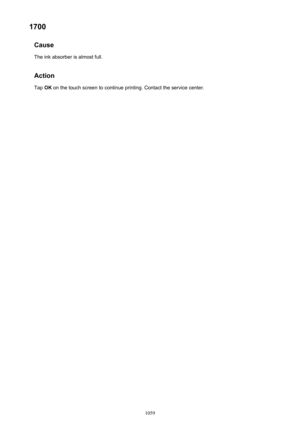 Page 10591700Cause
The ink absorber is almost full.
Action Tap  OK on the touch screen to continue printing. Contact the service center.1059 