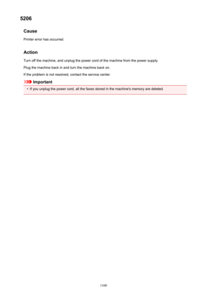 Page 11005206Cause
Printer error has occurred.
Action Turn off the machine, and unplug the power cord of the machine from the power supply.Plug the machine back in and turn the machine back on.
If the problem is not resolved, contact the service center.
Important
•
If you unplug the power cord, all the faxes stored in the machine's memory are deleted.
1100 