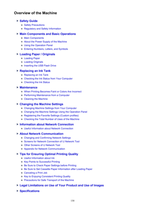 Page 130Overview of the Machine
Safety Guide
Safety Precautions
Regulatory and Safety Information
Main Components and Basic Operations
Main Components
About the Power Supply of the Machine
Using the Operation Panel
Entering Numbers, Letters, and Symbols
Loading Paper / Originals
Loading Paper
Loading Originals
Inserting the USB Flash Drive
Replacing an Ink Tank
Replacing an Ink Tank
Checking the Ink Status from Your Computer
Checking the Ink Status
Maintenance
When Printing Becomes Faint or Colors Are Incorrect...