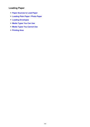 Page 160Loading Paper
Paper Sources to Load Paper
Loading Plain Paper / Photo Paper
Loading Envelopes
Media Types You Can Use
Media Types You Cannot Use
Printing Area
160 