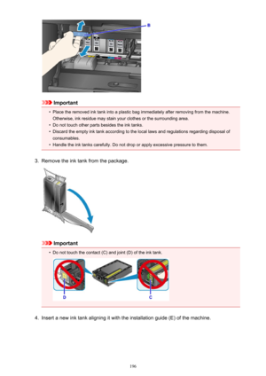 Page 196Important
•
Place the removed ink tank into a plastic bag immediately after removing from the machine.
Otherwise, ink residue may stain your clothes or the surrounding area.
•
Do not touch other parts besides the ink tanks.
•
Discard the empty ink tank according to the local laws and regulations regarding disposal of
consumables.
•
Handle the ink tanks carefully. Do not drop or apply excessive pressure to them.
3.
Remove the ink tank from the package.
Important
•
Do not touch the contact (C) and joint...