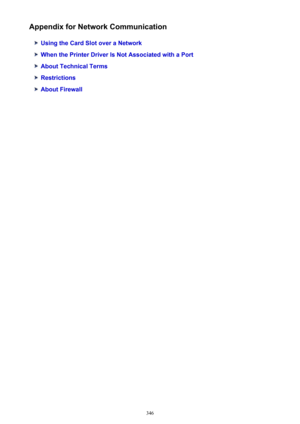 Page 346Appendix for Network Communication
Using the Card Slot over a Network
When the Printer Driver Is Not Associated with a Port
About Technical Terms
Restrictions
About Firewall
346 