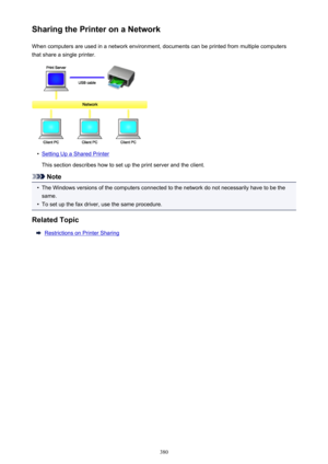 Page 380Sharing the Printer on a NetworkWhen computers are used in a network environment, documents can be printed from multiple computersthat share a single printer.•
Setting Up a Shared Printer
This section describes how to set up the print server and the client.
Note
•
The Windows versions of the computers connected to the network do not necessarily have to be the same.
•
To set up the fax driver, use the same procedure.
Related Topic
Restrictions on Printer Sharing
380 