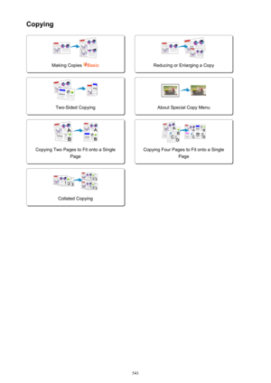 Page 541Copying
Making Copies Basic
 
Reducing or Enlarging a CopyTwo-Sided Copying
 
About Special Copy MenuCopying Two Pages to Fit onto a SinglePage
 
Copying Four Pages to Fit onto a Single PageCollated Copying
541 