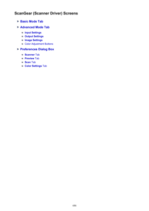 Page 686ScanGear (Scanner Driver) Screens
Basic Mode Tab
Advanced Mode Tab
Input Settings
Output Settings
Image Settings
Color Adjustment Buttons
Preferences Dialog Box
Scanner Tab
Preview Tab
Scan Tab
Color Settings  Tab
686 