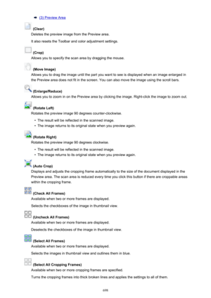 Page 698(3) Preview Area
 (Clear)
Deletes the preview image from the Preview area.
It also resets the Toolbar and color adjustment settings.
 (Crop)
Allows you to specify the scan area by dragging the mouse.
 (Move Image)
Allows you to drag the image until the part you want to see is displayed when an image enlarged in
the Preview area does not fit in the screen. You can also move the image using the scroll bars.
 (Enlarge/Reduce)
Allows you to zoom in on the Preview area by clicking the image. Right-click the...