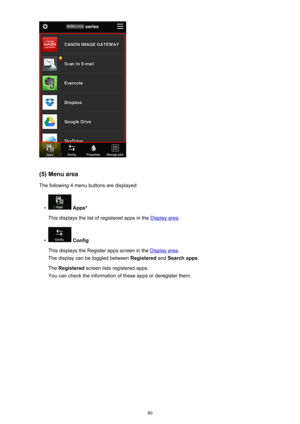 Page 80(5) Menu areaThe following 4 menu buttons are displayed:
•
 Apps*
This displays the list of registered apps in the 
Display area .
•
 Config
This displays the Register apps screen in the 
Display area .
The display can be toggled between  Registered and Search apps .
The  Registered  screen lists registered apps.
You can check the information of these apps or deregister them.
80 