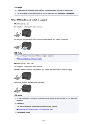 Page 847Note•
If a telephone is connected to the machine, the telephone will ring when a call incomes.
•
You can change the number of times to ring the telephone with Ring count in Advanced .
When DRPD or Network switch is selected:
•
When the call is a fax:
The telephone will ring when a call incomes.
The machine will receive the fax automatically when the fax ring pattern is detected.
Note
•
You can change the number of times to ring the telephone.
Advanced Settings of Receive Mode
•
When the call is a voice...