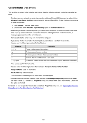 Page 903General Notes (Fax Driver)This fax driver is subject to the following restrictions. Keep the following points in mind when using the faxdriver.•
The fax driver may not work correctly when sending a Microsoft Excel 2002 document as a fax with theAllow A4/Letter Paper Resizing  option checked in Microsoft Excel 2002. Follow the instructions below
to solve the problem:
1.
Click  Options...  from the Tools menu.
2.
Uncheck the  Allow A4/Letter Paper Resizing  option on the International tab.
•
When using a...