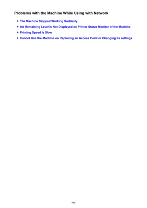 Page 906Problems with the Machine While Using with Network
The Machine Stopped Working Suddenly
Ink Remaining Level Is Not Displayed on Printer Status Monitor of the Machine
Printing Speed Is Slow
Cannot Use the Machine on Replacing an Access Point or Changing Its settings
906 