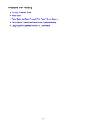 Page 942Problems with Printing
Printing Does Not Start
Paper Jams
Paper Does Not Feed Properly/"No Paper" Error Occurs
Cannot Print Properly with Automatic Duplex Printing
Copying/Printing Stops Before It Is Completed
942 