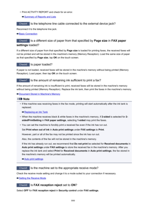 Page 999•Print ACTIVITY REPORT and check for an error.
Summary of Reports and Lists
Check4 Is the telephone line cable connected to the external device jack?
Reconnect it to the telephone line jack.
Basic Connection
Check5  Is a different size of paper from that specified by  Page size in FAX paper
settings  loaded?
If a different size of paper from that specified by  Page size is loaded for printing faxes, the received faxes will
not be printed and will be stored in the machine's memory (Memory Reception)....