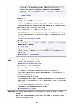 Page 1017If the ink has already run out, we recommend that Do not print be selected for  Received
documents  in Auto print settings  under FAX settings  to store the received fax in the
machine's memory. After you replace the ink tank and select  Print for Received
documents  in Auto print settings , the fax stored in the machine's memory will be printed
automatically.
Auto print settings
•
Paper has run out:
Load the paper and tap  OK on the touch screen.
•
A different size of paper from that specified...