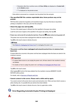 Page 1020•Characters other than machine name or IJ Scan Utility are displayed on  Created with
on the  Details  screen.•
"?" is displayed on the preview screen.
◦
Data edited or processed on a computer must be printed from the computer.
•
The specified PDF file contains unprintable data. Some portions may not be
printed.
PDF file which contain lot of graphics or hi-resolution images may lose that data or stop before
printing is completed. In this case, print from the computer.
•
Check the page size and...