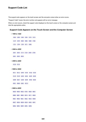 Page 1027Support Code ListThe support code appears on the touch screen and the computer screen when an error occurs.
"Support Code" means the error number and appears with an error message.
When an error occurs, check the support code displayed on the touch screen or the computer screen and
take the appropriate action.
Support Code Appears on the Touch Screen and the Computer Screen•
1000 to 1ZZZ
10031200130013031310131313141575160016601688170017011754175518711890 •
2000 to 2ZZZ...