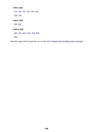 Page 1028•7000 to 2ZZZ71007200720172027203720472057300    •
9000 to 2ZZZ
90009500    •
A000 to ZZZZ
B202B203B204B502B503B504C000     
About the support code for paper jam, you can also refer to Support Code List (When Paper Is Jammed).
1028 