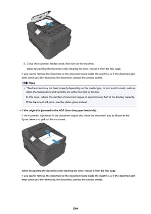 Page 10445.
Close the document feeder cover, then turn on the machine.When rescanning the document after clearing the error, rescan it from the first page.
If you cannot remove the document or the document tears inside the machine, or if the document jam error continues after removing the document, contact the service center.
Note
•
The document may not feed properly depending on the media type, or your environment, such aswhen the temperature and humidity are either too high or too low.
In this case, reduce the...