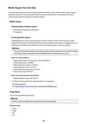 Page 172Media Types You Can UseTo get the best printing result, choose paper suitable for printing. Canon provides various types of paper
suitable for documents as well as paper suitable for photos or illustrations. We recommend the use of
Canon genuine paper for printing your important photos.
Media Types
Commercially available papers•
Plain Paper (including recycled paper)
•
Envelopes*1
Canon genuine papers
The Model Number of Canon genuine paper is shown in brackets. Refer to the instruction manual
supplied...