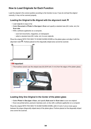 Page 185How to Load Originals for Each FunctionLoad the original in the correct position according to the function to use. If you do not load the original
correctly, it may not be scanned properly.
Loading the Original to Be Aligned with the alignment mark •
Load originals to copy or fax
•
Select  Document  or Photo  for Doc.type  in Scan  and specify a standard size (A4, Letter, etc.) for
Scan size
•
With a software application on a computer,
◦
scan text documents, magazines, or newspapers
◦
select a standard...