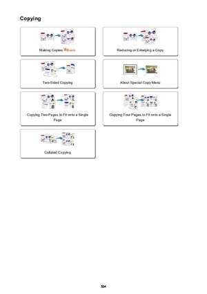Page 534Copying
Making Copies Basic
 
Reducing or Enlarging a CopyTwo-Sided Copying
 
About Special Copy MenuCopying Two Pages to Fit onto a SinglePage
 
Copying Four Pages to Fit onto a Single PageCollated Copying
534 