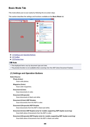 Page 680Basic Mode TabThis mode allows you to scan easily by following the on-screen steps.This section describes the settings and functions available on the  Basic Mode tab.
(1) Settings and Operation Buttons
(2) Toolbar
(3) Preview Area
Note
•
The displayed items vary by document type and view.
•
The preview function is not available when scanning from the ADF (Auto Document Feeder).
(1) Settings and Operation Buttons Select Source Photo (Color) Scan color photos.
Magazine (Color) Scan color magazines....