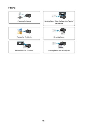 Page 771Faxing
Preparing for Faxing
 
Sending Faxes Using the Operation Panel ofthe MachineRegistering Recipients
 
Receiving FaxesOther Useful Fax Functions
 
Sending Faxes from a Computer
771 