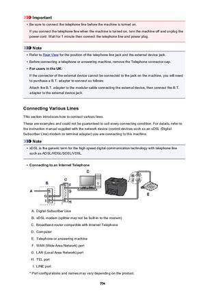 Page 774Important•
Be sure to connect the telephone line before the machine is turned on.
If you connect the telephone line when the machine is turned on, turn the machine off and unplug the power cord. Wait for 1 minute then connect the telephone line and power plug.
Note
•
Refer to Rear View  for the position of the telephone line jack and the external device jack.
•
Before connecting a telephone or answering machine, remove the Telephone connector cap.
•
For users in the UK:
If the connector of the external...