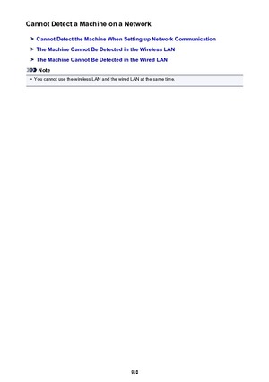 Page 910Cannot Detect a Machine on a Network
Cannot Detect the Machine When Setting up Network Communication
The Machine Cannot Be Detected in the Wireless LAN
The Machine Cannot Be Detected in the Wired LAN
Note
•
You cannot use the wireless LAN and the wired LAN at the same time.
910 