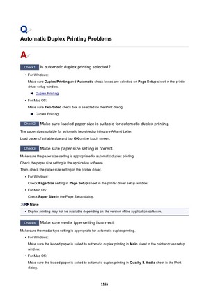 Page 1133AutomaticDuplexPrintingProblems
Check1 Is automatic duplex printing selected?
