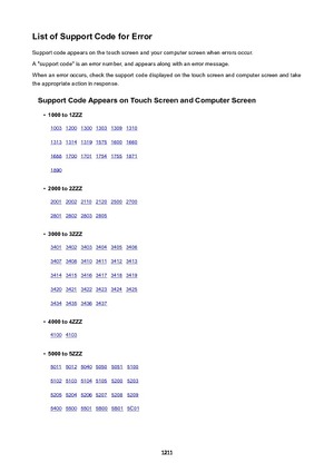 Page 1211ListofSupportCodeforErrorSupport code appears on the touch screen and your computer screen when errors occur.
A "support code" is an error number, and appears along with an error message.
When an error occurs, check the support code displayed on the touch screen and computer screen and take
the appropriate action in response.
SupportCodeAppearsonTouchScreenandComputerScreen